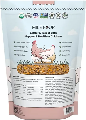 Miniatura 2 de Mile Four Alimento orgánico para pollo: capa de grano entero, sin OMG, cultivado en EE. UU., 16% de proteínas, sin maíz, sin soja, alimento