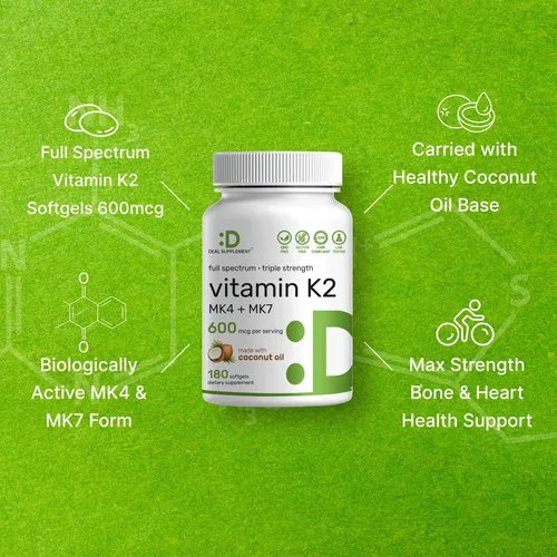 Miniatura 4 de DEAL SUPPLEMENT Suplemento de vitamina K2 de 600 mcg, 180 cápsulas blandas de aceite de coco Formas MK-7 y MK-4 de alta absorción de espectro