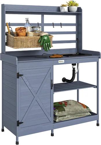 Miniatura 11 de Outsunny Banco de Jardinería Exterior de Madera con Mesa y Fregadero y Grifo, Estación de Trabajo de Jardín con Gabinete de Almacenamiento, Estantes