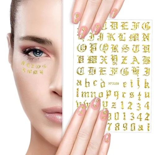 Miniatura 5 de Maitys 24 hojas de calcomanías para uñas con letras holográficas 3D, autoadhesivas, para uñas inglesas antiguas, doradas, negras y blancas, diseño