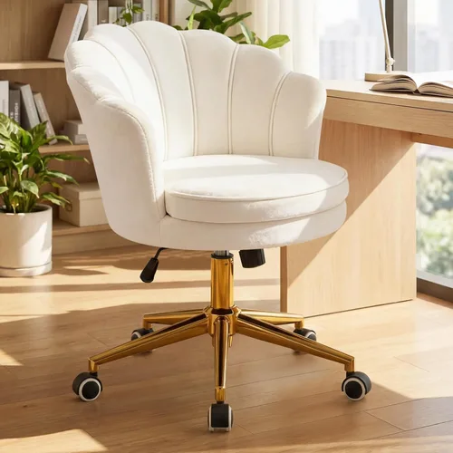 Miniatura 8 de Furnicomfy - Silla de escritorio para oficina en casa con respaldo, elegante silla de escritorio de maquillaje con ruedas, sillón giratorio de Blanco