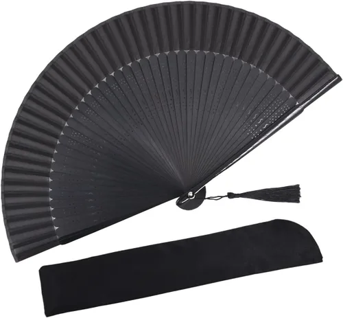 Miniatura 9 de Ventilador de mano plegable para mujer, estilo chino japonés vintage, de seda de bambú, 15 x 8.3 pulgadas, con borla y bolsa para fiesta, boda