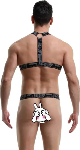 Miniatura 5 de Swbreety Arnés para hombre, camiseta sin mangas de camuflaje para el pecho, correa para el pecho, disfraces, camiseta muscular y tanga con anillo