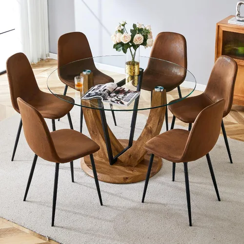 Miniatura 14 de 5-Piece Round Glass Dining Table Set for 4, 48” Modern Dining Room Table with Wood Grain Base, Brown Suede Upholstered Chairs with Black Metal Legs