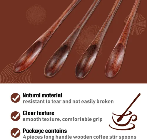 Miniatura 3 de 4 cucharas de madera para mezclar café de mango largo, cucharas de té helado de madera, cuchara pequeña para mezclar café, té, bebidas, 7.87 pulgadas