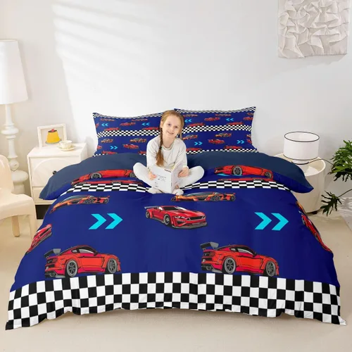 Miniatura 32 de Feelyou Race Car Duvet Cover Twin Size Boys Girls Speed Sports Car Bedding Set Breathable Soft Racing Comforter Cover 2Pcs Black White Checked