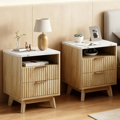 Miniatura 38 de Mesita de noche con 2 cajones de almacenamiento, mesa auxiliar moderna para dormitorio con asa recortada, mesitas de noche grandes para dormitorio