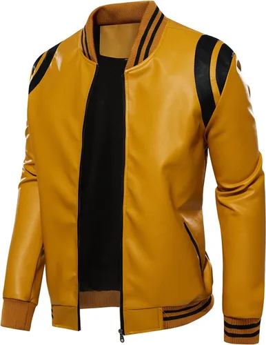 Miniatura 4 de chuida Chaqueta Bomber de Motocicleta de Cuero Sintético PU para Hombre, Cuello de Pie, Forro Polar, Resistente al Viento, Ligera, Abrigos