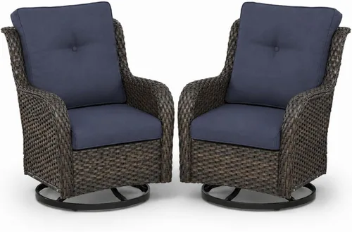 Miniatura 8 de HUMMUH Juego de 2 Sillas Giratorias Mecedoras de Mimbre para Patio Exterior, Juego de Muebles de Sillas Mecedoras de Ratán (Marrón, Azul) 50,000