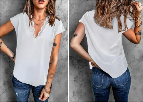Miniatura 3 de lime flare Blusa elegante con ribete de encaje, camisa de manga corta popular