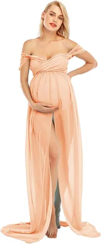 Miniatura 2 de Vestido largo de gasa con hombros descubiertos para fotografía de maternidad con abertura frontal para sesión de fotos