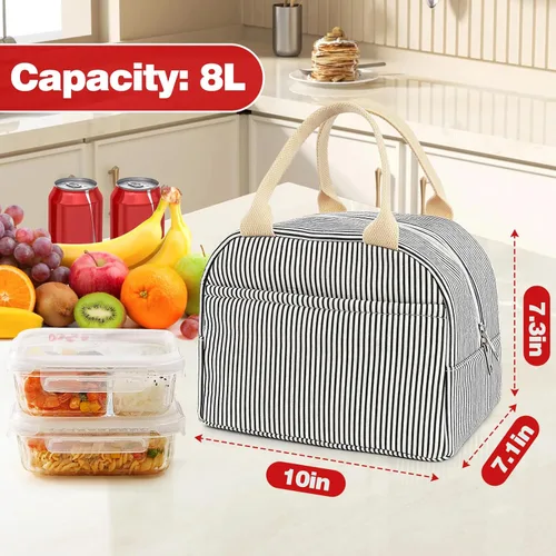 Miniatura 3 de Bolsa de almuerzo para mujer, lonchera térmica para viajes, trabajo, picnic, bolsas de almuerzo de gran capacidad para adultos (rayas negras)
