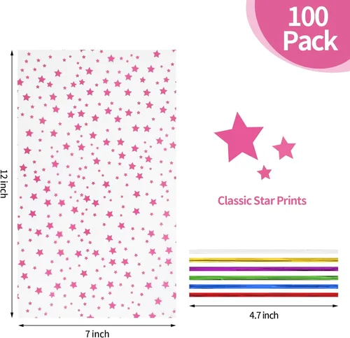 Miniatura 2 de COQOFA 100 Piezas Bolsas de Estrella Rosa de 7"X12" para Envolver Regalos, Bolsas de Celofán Cello, Bolsas de Dulces para Fiestas, Bolsas de Favor