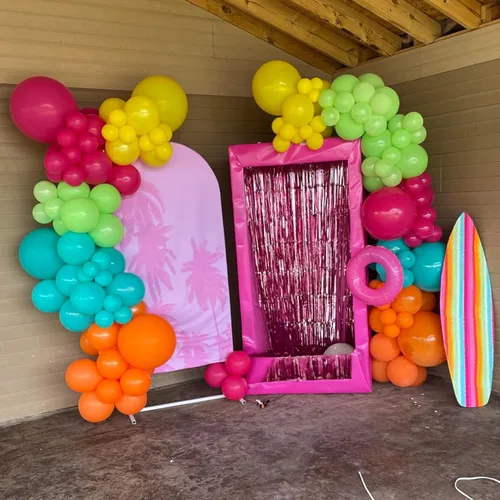Miniatura 7 de HILAVO - Kit de globos tropicales, 60 globos hawaianos de 12", color rosa intenso, naranja, verde azulado, verde, dorado metálico, globos de látex