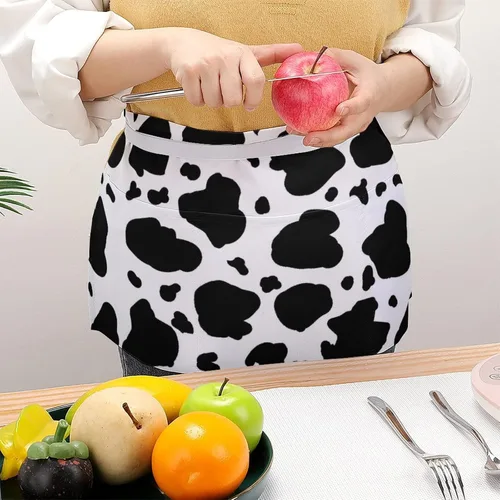Miniatura 4 de Delantal de media cintura con estampado de vaca, con 3 bolsillos, ajustable, para cocinar, servir con correa larga, delantales para mujeres
