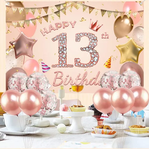 Miniatura 5 de Cartel de tela para decoración de cumpleaños número 13 para niñas de 13 años, cartel de tela para fiesta de cumpleaños de niña, fondo de foto rosa