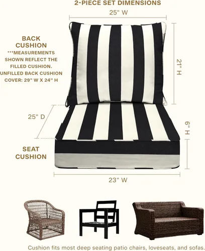 Miniatura 6 de Honeycomb Outdoor Heritage - Asiento profundo, 23 x 25 pulgadas, cojín para silla Cabana Stripe negro y marfil con funda extraíble, para muebles