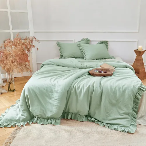 Miniatura 15 de Simple&Opulence Juego de funda de edredón de algodón de lino con volantes, 3 piezas, ropa de cama con textura suave con bordes decorativos