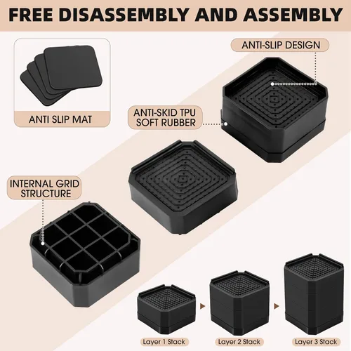 Miniatura 5 de Elevadores de cama para muebles – Elevador de bloque rectangular ajustable para elevar 1.5-3 pulgadas y 4.3 pulgadas camas, mesas, sofás