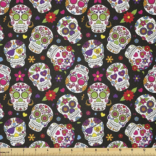 Miniatura 105 de Ambesonne The Yard, tela de calavera colorida con temática de Halloween, diseño de calavera y huesos cruzados, divertido estampado de dibujos