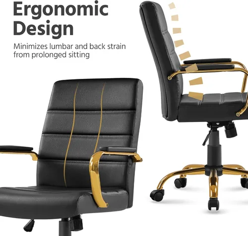 Miniatura 5 de Topeakmart Silla de escritorio de oficina Silla ejecutiva de cuero sintético ajustable con marco dorado asiento negro Negro y dorado