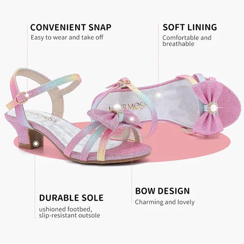 Miniatura 5 de LAURMOSA Sandalias para niñas, zapatos de vestir para fiesta de boda, puntera abierta, tacones altos con purpurina para niños pequeños y grandes