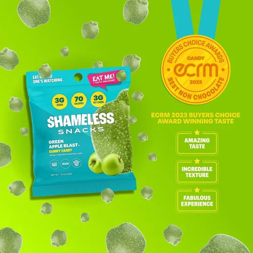 Miniatura 4 de Shameless Snacks – Snacks saludables bajos en calorías, gomitas keto bajas en carbohidratos (caramelos sin gluten) – Paquete de 6 Green Apple Blast