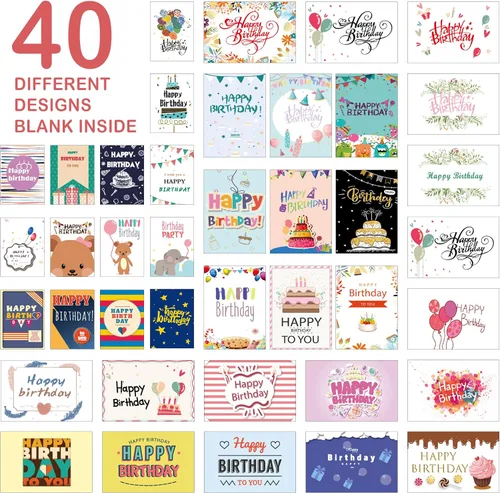 Miniatura 2 de feela Tarjetas de cumpleaños a granel, paquete de 160 40 diseños, caja surtida de tarjetas de feliz cumpleaños con 160 sobres en blanco, 168 piezas