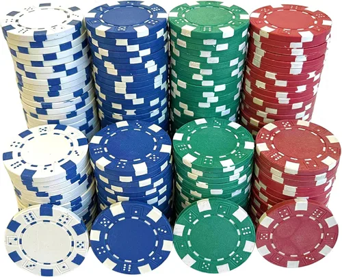 SEETOOOGAMES 200 fichas de póquer de casino a rayas de 0.41 oz de arcilla compuesta, 4 colores (rojo, verde, blanco y azul)