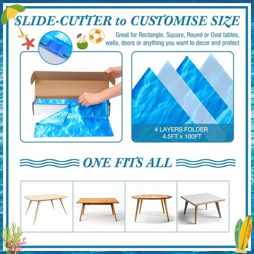 Miniatura 4 de Irenare 1 rollo de mantel de plástico con diseño de olas del océano de 54 pulgadas x 100 pies, cubierta de mesa con estampado de agua, mantel de mar