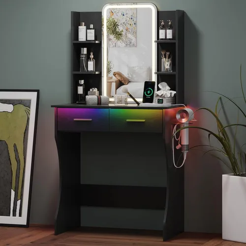 Miniatura 11 de Mesa de Tocador Pequeña con Espejo y Luces, Tocador de Maquillaje con Espejo Iluminado por LED, Tocador con Luces y Silla, Mesa de Vestir Ajustable