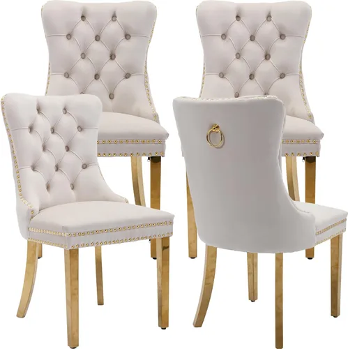 Miniatura 73 de ODUSE-DAILY - Juego de 4 sillas de cocina y comedor de terciopelo beige, tapizadas en tela, respaldo alto con alas, anilla metálica, estructura
