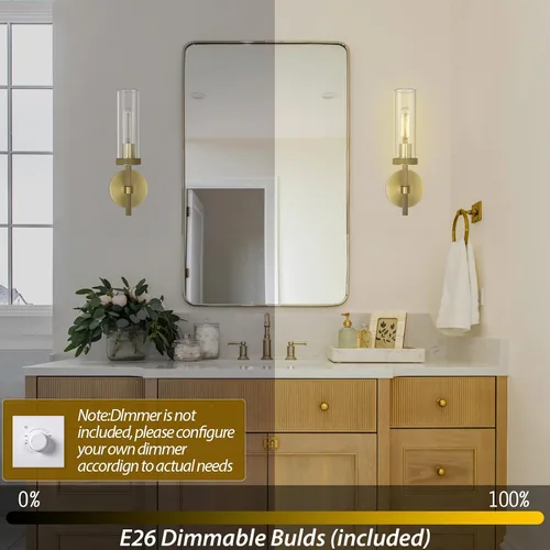 Miniatura 6 de Apliques de pared de latón moleteado para interiores, apliques de tubo de vidrio de 14 pulgadas, apliques de pared dorados para tocador de baño