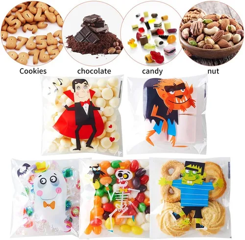 Miniatura 2 de CCINEE 200 bolsas de golosinas de Halloween, bolsas transparentes autoadhesivas para dulces, bolsas de plástico de celofán para galletas, regalos