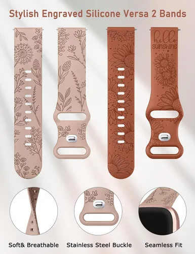Miniatura 4 de Minyee Paquete de 2 correas con grabado floral compatibles con Fitbit Versa 2/Fitbit Versa/Versa Lite para mujeres, linda correa deportiva de Marrón