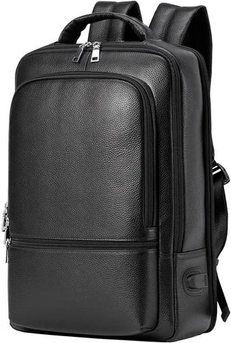 Miniatura 9 de Mochila para portátil de cuero genuino de 15.6 pulgadas para hombres y mujeres, mochila de viaje de negocios, mochila de senderismo (1#negro)