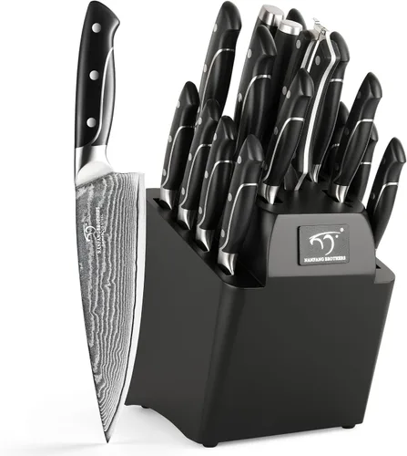 Juego de cuchillos de cocina de Damasco de 18 piezas, 8 cuchillos de carne, mango ergonómico de ABS antideslizante triple remache para tenedor de