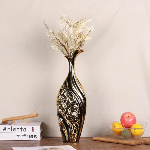 Miniatura 3 de Jarrón de piso de 19 pulgadas de alto, jarrón de cerámica negro y dorado, jarrón decorativo de cerámica, jarrón único para hierba de pampas