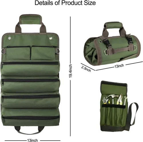 Miniatura 3 de Organizador de bolsas enrollables para herramientas de alta resistencia mejorado con 6 bolsillos con cremallera, bolsa de lona para llaves