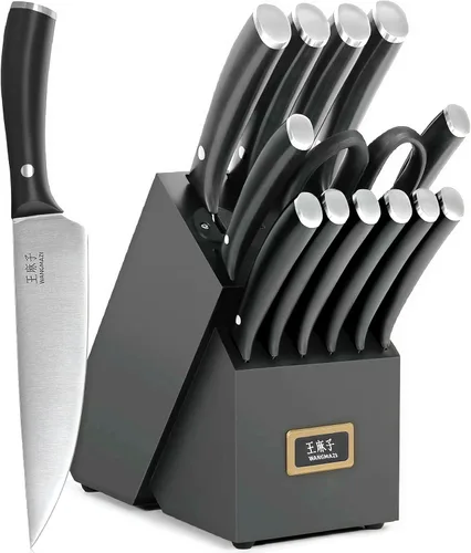 Miniatura 9 de WANGMAZI Juego de cuchillos de cocina de 15 piezas con afilador integrado, juego de cuchillos de cocina aptos para lavavajillas, cuchillos de acero