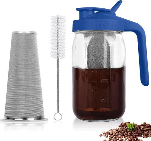 Miniatura 10 de Máquina de café de infusión fría, jarra de albañil de 64 onzas con filtro de acero inoxidable, tapa con pico para servir, de vidrio resistente