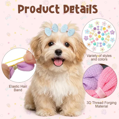 Miniatura 3 de Janinka 36 lazos para el pelo de perro con bandas de goma, lazos de flores de mariposa para perros pequeños y niñas, lindo lazo elástico de perlas