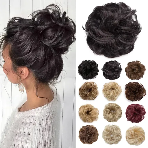 Miniatura 16 de Benehair Moño desordenado, pieza de pelo recogido para mujer, esponjoso, ondulado, moño con dona, moño sintético con banda elástica de goma
