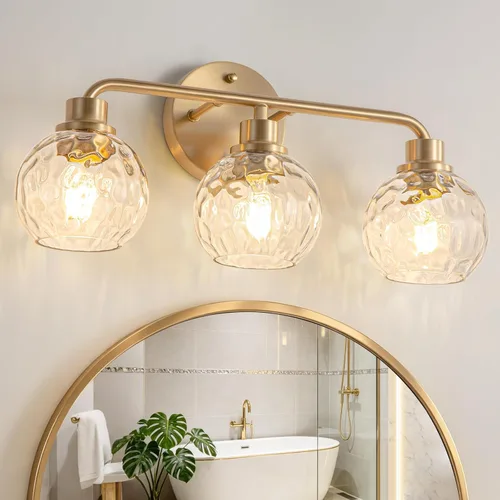 Lámparas de baño doradas para tocador, 3 luces, apliques de pared, luces de latón cepillado con pantalla de vidrio martillado, lámpara de pared de