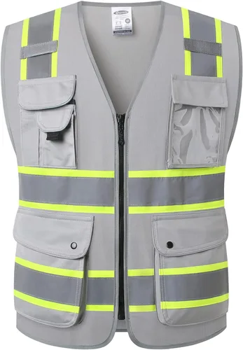 Miniatura 42 de JKSafety Chaleco de seguridad frontal con cremallera de alta visibilidad de 9 bolsillos de color dual MESH Lite Tira reflectante con ribete