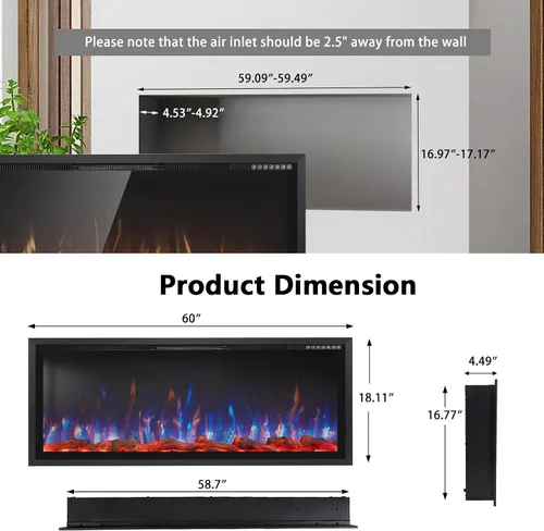 Miniatura 2 de PRETZI Chimenea eléctrica de 60 pulgadas, marco de aluminio ultra estrecho y pantalla ancha, insertos de chimenea eléctrica/montado en la pared