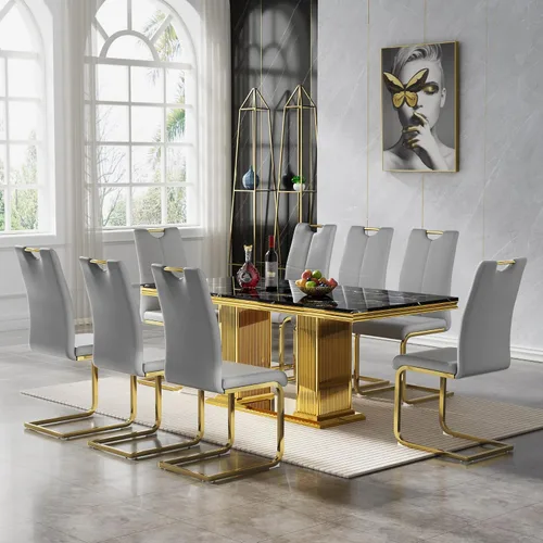 Miniatura 40 de 5 Piece Black Marble Dining Table Set for 4, Modern Faux Marble Kitchen Dining Room Tables with 4 Leather Chairs Set, 68.11" Luxury Rectangular