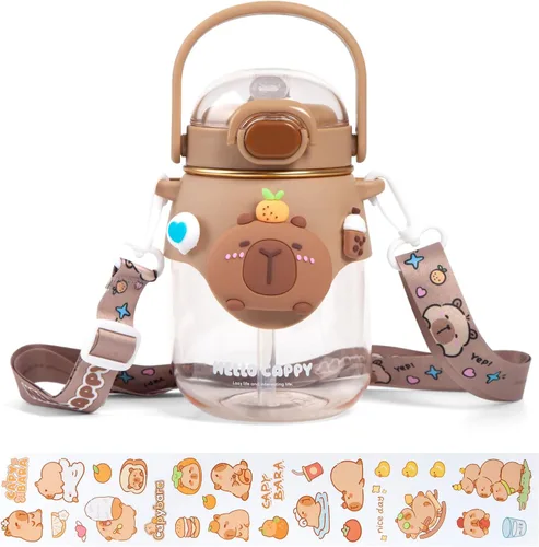 Miniatura 10 de Botella de Agua Capybara, Botella de Agua Kawaii con popote, bonitas botellas de agua Capybara con correa ajustable y calcomanías - para niños