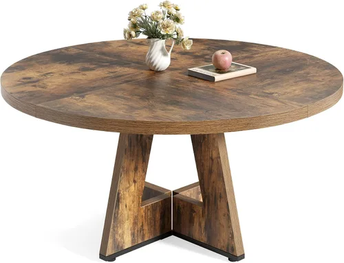 Miniatura 11 de LITTLE TREE Mesa de comedor redonda para 4-6 personas, mesa de comedor de 47 pulgadas con base de pedestal de madera, mesas de comedor marrones