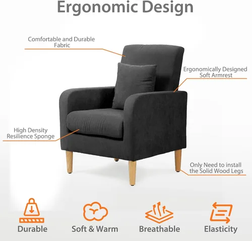 Miniatura 4 de OS MOTOR Sofá tapizado con almohada, sillón de tela con patas de madera, cómoda silla de descanso para sala de estar, dormitorio u oficina, soporta
